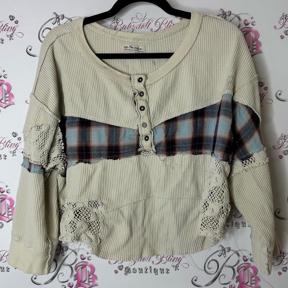 We The Free Cream Waffle Knit Top distressed crochet plaid buttons free people